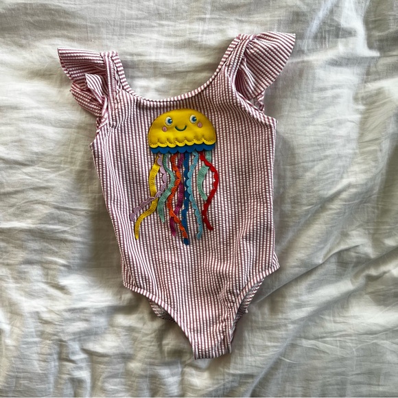 Mini Boden Pink Striped Seersucker Embroidered Swimsuit Toddler One Piece - Picture 4 of 6